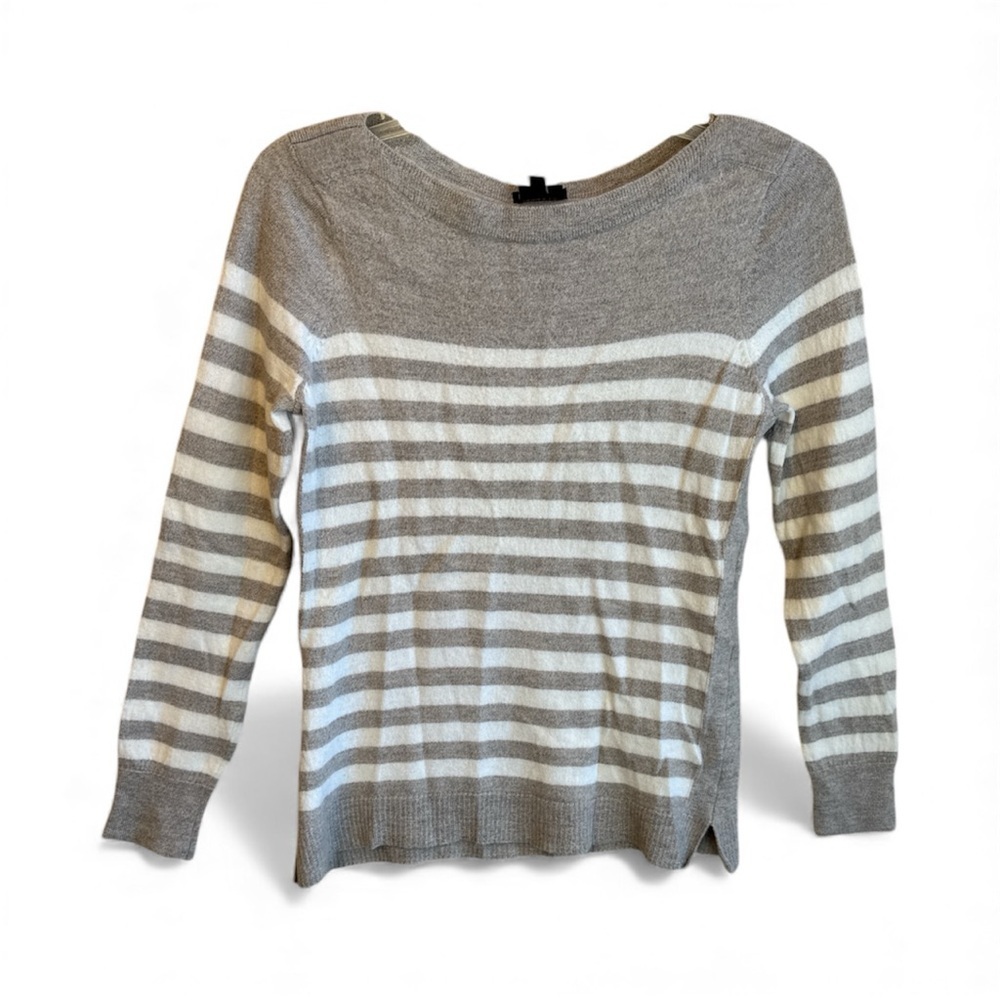 Talbots pure merino wool Gray and White Striped Crew Neck Sweater